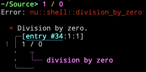 Image of Nushell pointing to a divide by zero error