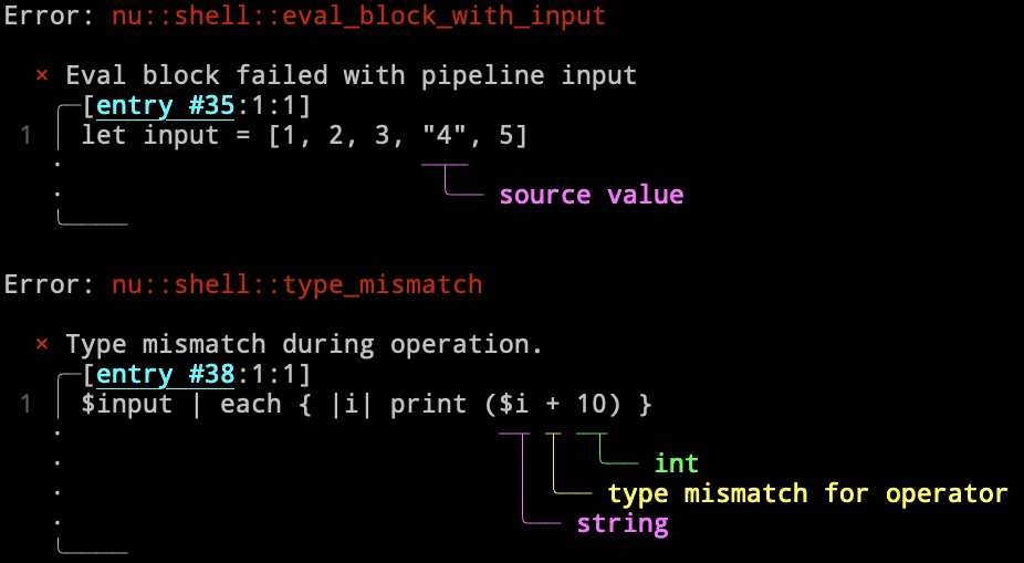 Image of Nushell showing the source of data that's caused an error