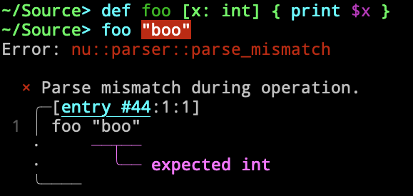 Image of Nushell giving an error when a string was passed where an int was expected