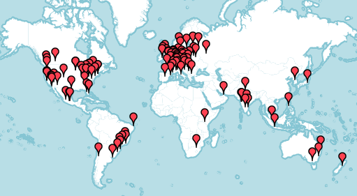 Map showing Rust being used in over 130 meetups around the world